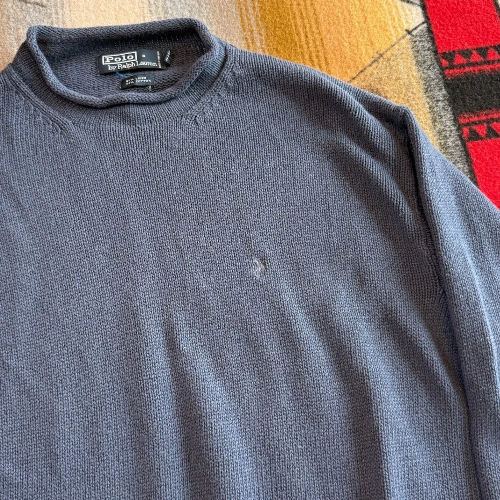 Polo Ralph Lauren Mens Linen Cotton Knit Sweater Blue Rolled Mock Neck Large